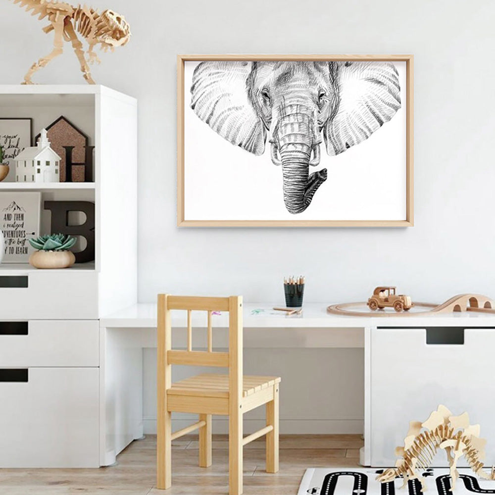 On Safari | Elephant Sketch - Art Print, Poster, Stretched Canvas or Framed Wall Art, shown framed in a room