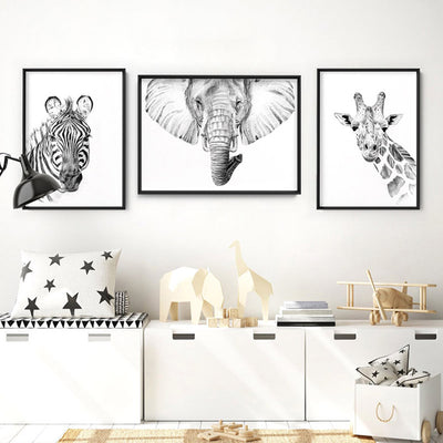 On Safari | Elephant Sketch - Art Print, Poster, Stretched Canvas or Framed Wall Art, shown framed in a home interior space