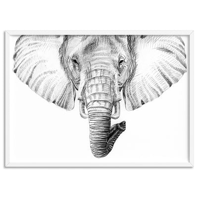 On Safari | Elephant Sketch - Art Print, Poster, Stretched Canvas, or Framed Wall Art Print, shown in a white frame