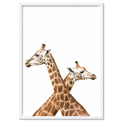 Grazing Giraffe Duo - Art Print, Poster, Stretched Canvas, or Framed Wall Art Print, shown in a white frame