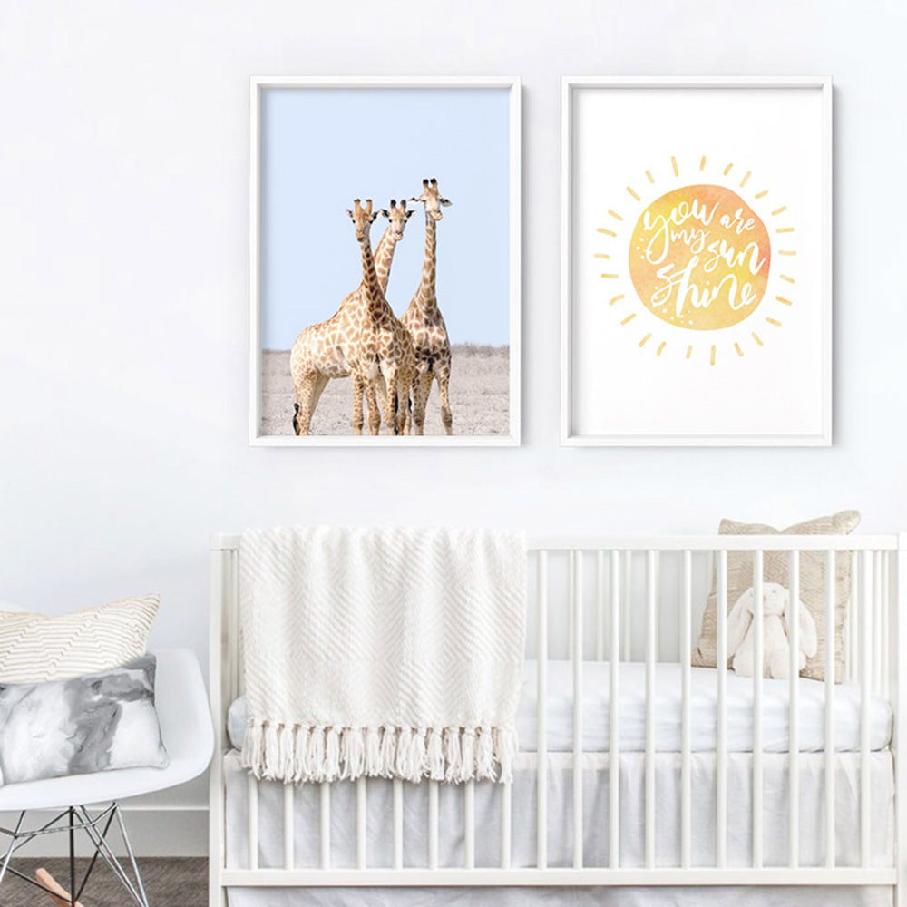 Giraffe Trio on Safari - Art Print, Poster, Stretched Canvas or Framed Wall Art, shown framed in a home interior space