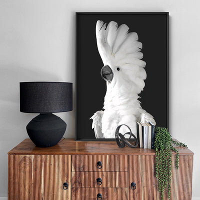 White Cockatoo on Charcoal Background - Art Print, Poster, Stretched Canvas or Framed Wall Art, shown framed in a room