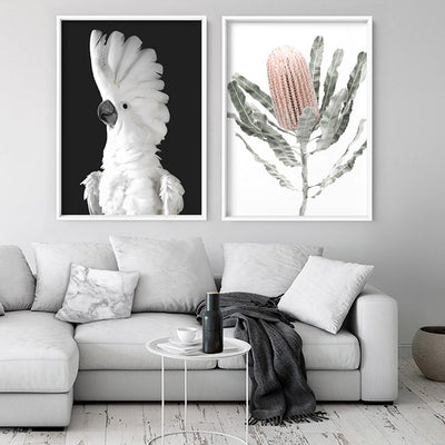 White Cockatoo on Charcoal Background - Art Print, Poster, Stretched Canvas or Framed Wall Art, shown framed in a home interior space