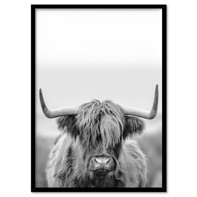 Highland Cow Portrait II B&W - Art Print, Poster, Stretched Canvas, or Framed Wall Art Print, shown in a black frame
