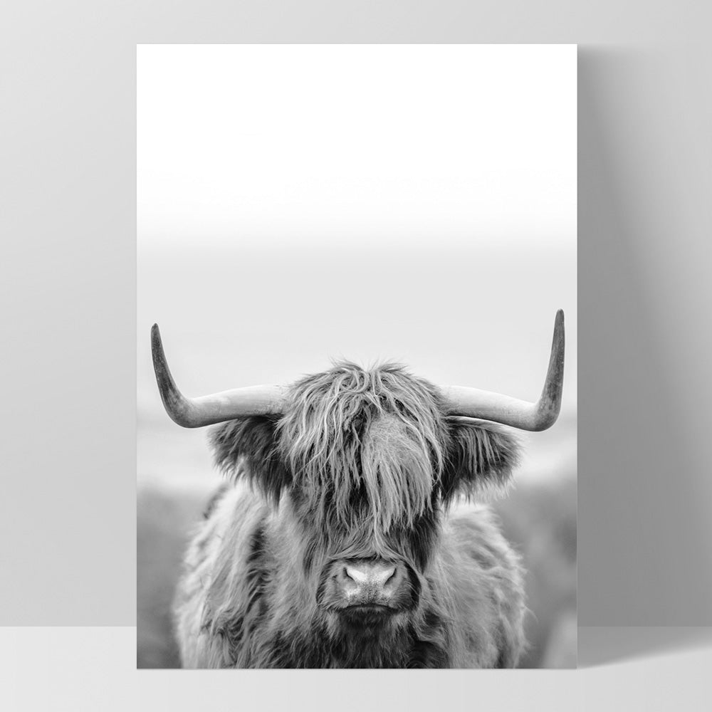Highland Cow Portrait II B&W - Art Print, Poster, Stretched Canvas, or Framed Wall Art Print, shown as a stretched canvas or poster without a frame