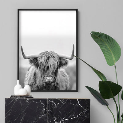 Highland Cow Portrait II B&W - Art Print, Poster, Stretched Canvas or Framed Wall Art, shown framed in a room