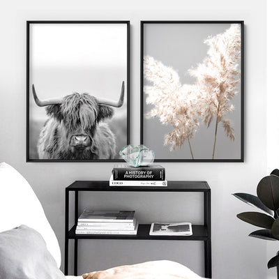Highland Cow Portrait II B&W - Art Print, Poster, Stretched Canvas or Framed Wall Art, shown framed in a home interior space