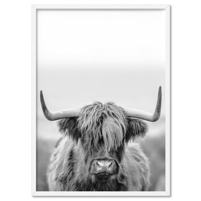 Highland Cow Portrait II B&W - Art Print, Poster, Stretched Canvas, or Framed Wall Art Print, shown in a white frame