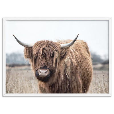 Highland Cow Landscape I - Art Print, Poster, Stretched Canvas, or Framed Wall Art Print, shown in a white frame