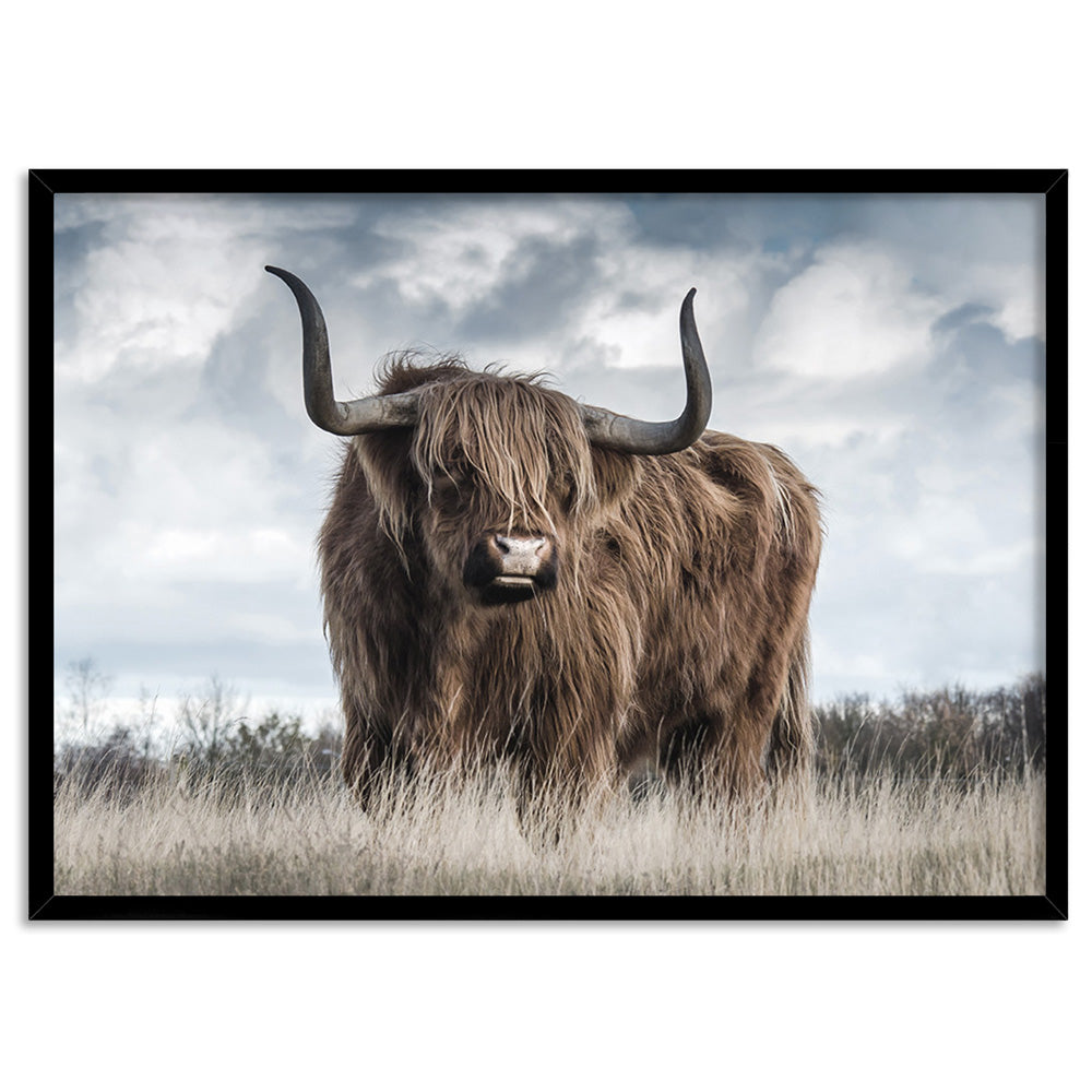 Highland Cow Landscape II - Art Print, Poster, Stretched Canvas, or Framed Wall Art Print, shown in a black frame