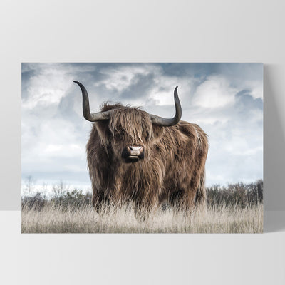Highland Cow Landscape II - Art Print, Poster, Stretched Canvas, or Framed Wall Art Print, shown as a stretched canvas or poster without a frame