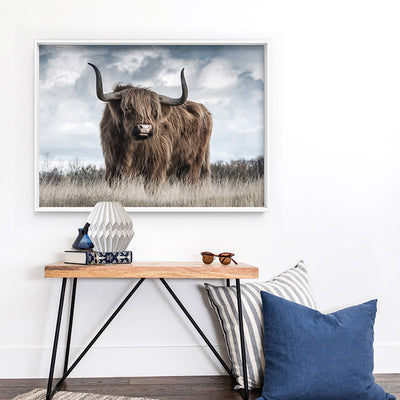 Highland Cow Landscape II - Art Print, Poster, Stretched Canvas or Framed Wall Art Prints, shown framed in a room