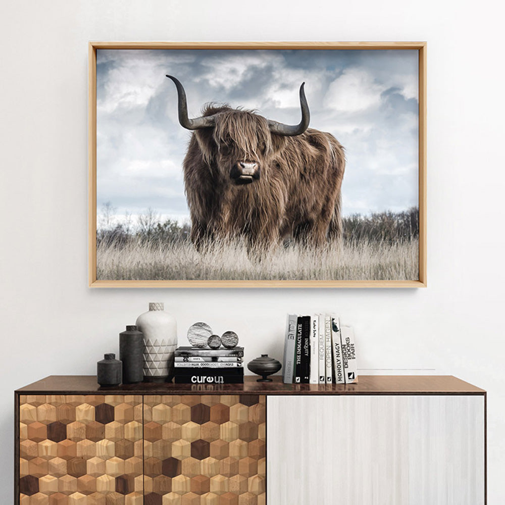 Highland Cow Landscape II - Art Print, Poster, Stretched Canvas or Framed Wall Art, shown framed in a home interior space