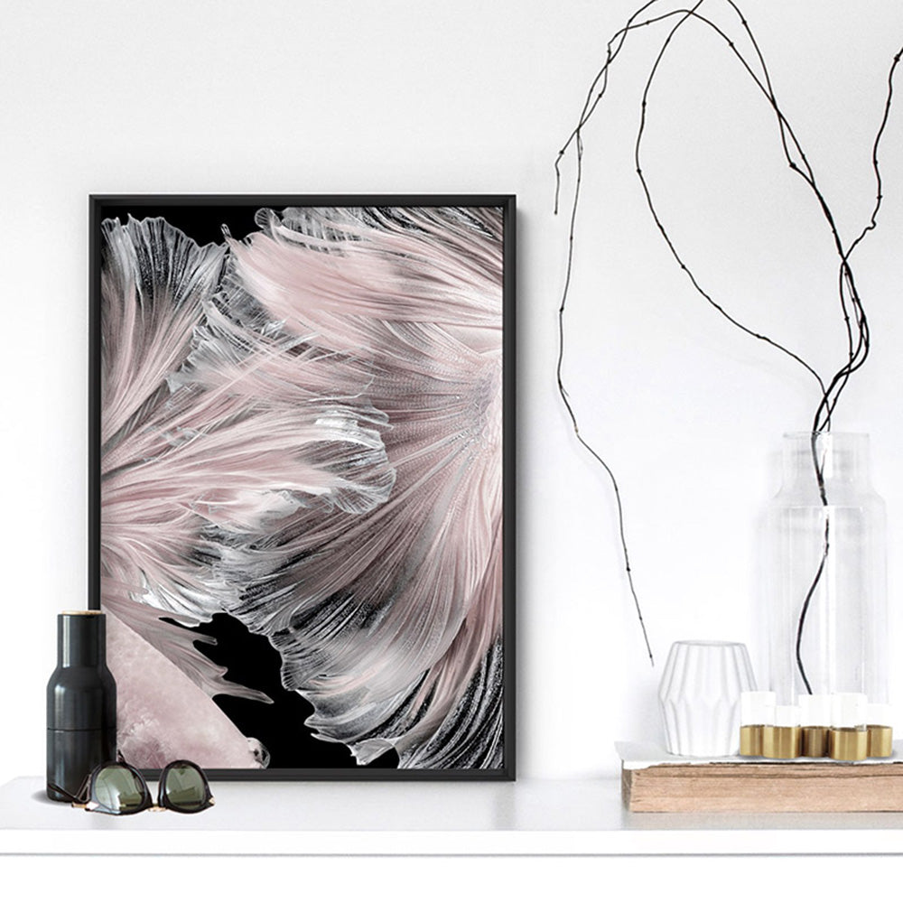 Betta Pair in Pale Pink & Black I - Art Print, Poster, Stretched Canvas or Framed Wall Art, shown framed in a room