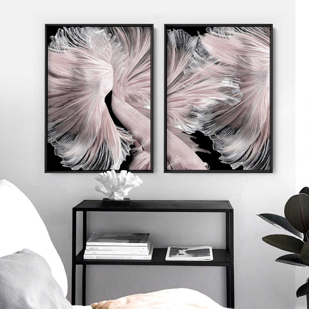 Betta Pair in Pale Pink & Black I - Art Print, Poster, Stretched Canvas or Framed Wall Art, shown framed in a home interior space