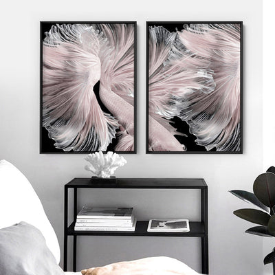 Betta Pair in Pale Pink & Black II - Art Print, Poster, Stretched Canvas or Framed Wall Art, shown framed in a home interior space
