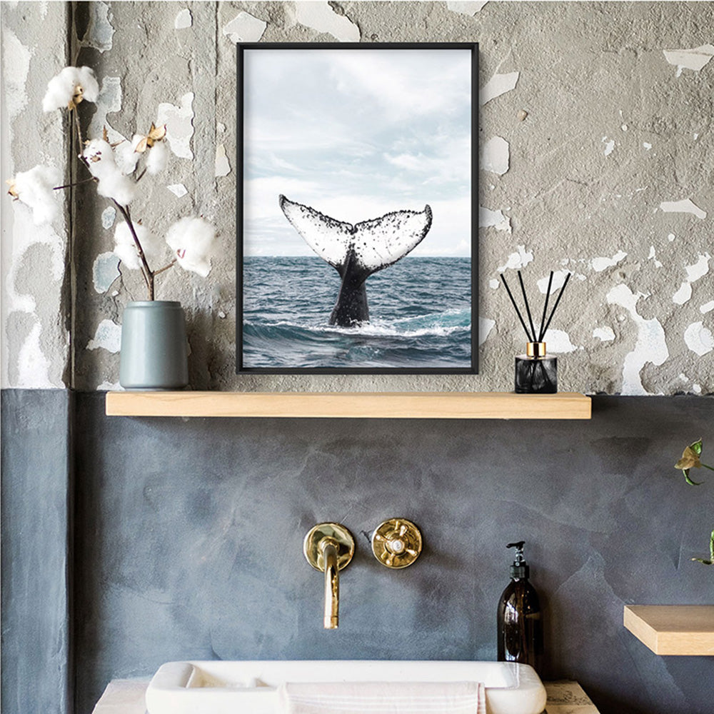 Humpback Whale Tail - Art Print, Poster, Stretched Canvas or Framed Wall Art, shown framed in a room