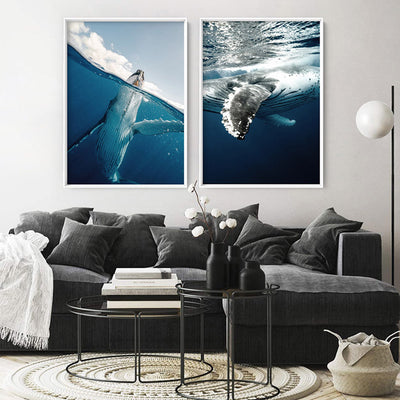 Underwater Humpback Whale II - Art Print, Poster, Stretched Canvas or Framed Wall Art, shown framed in a home interior space