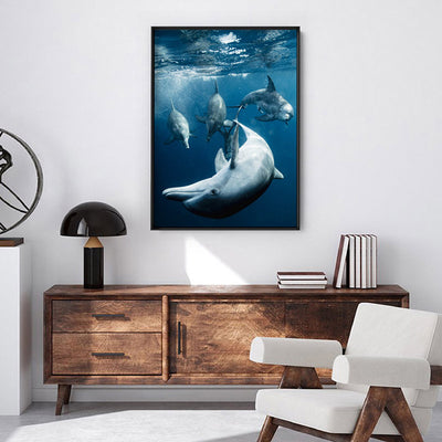 Dolphins Under the Sea - Art Print, Poster, Stretched Canvas or Framed Wall Art, shown framed in a room