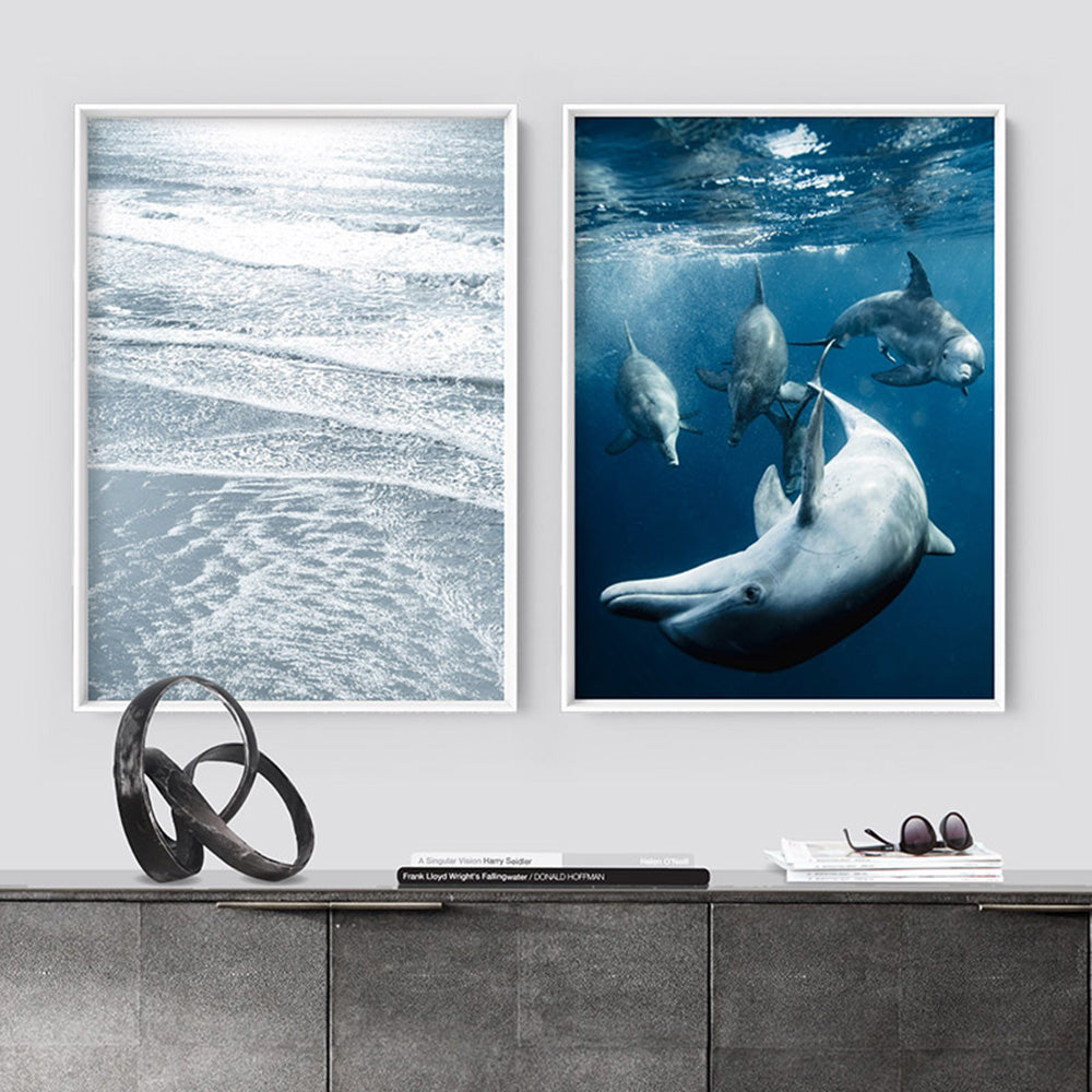 Dolphins Under the Sea - Art Print, Poster, Stretched Canvas or Framed Wall Art, shown framed in a home interior space