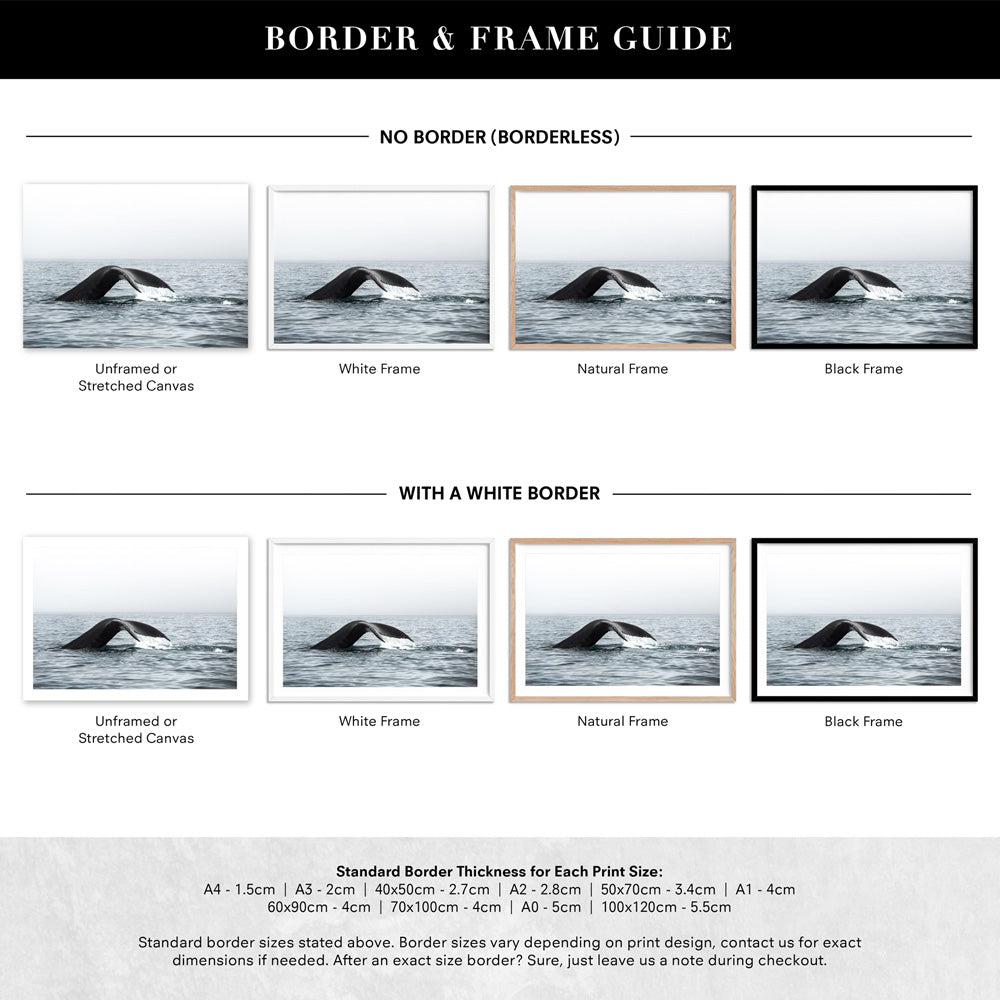 Humpback Whale Tail III Landscape - Art Print, Poster, Stretched Canvas or Framed Wall Art, Showing White , Black, Natural Frame Colours, No Frame (Unframed) or Stretched Canvas, and With or Without White Borders