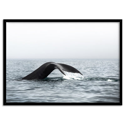 Humpback Whale Tail III Landscape - Art Print, Poster, Stretched Canvas, or Framed Wall Art Print, shown in a black frame