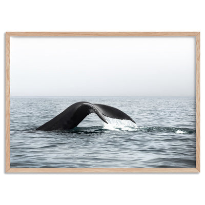 Humpback Whale Tail III Landscape - Art Print, Poster, Stretched Canvas, or Framed Wall Art Print, shown in a natural timber frame