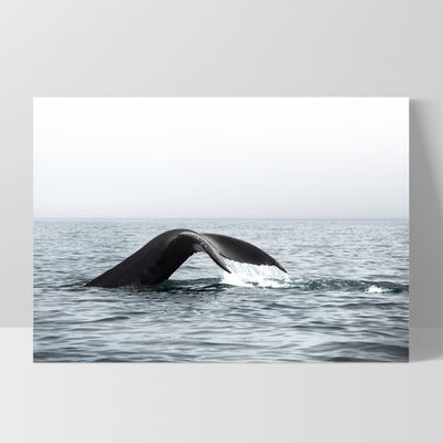 Humpback Whale Tail III Landscape - Art Print, Poster, Stretched Canvas, or Framed Wall Art Print, shown as a stretched canvas or poster without a frame