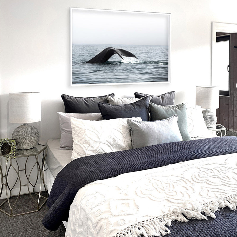 Humpback Whale Tail III Landscape - Art Print, Poster, Stretched Canvas or Framed Wall Art, shown framed in a room