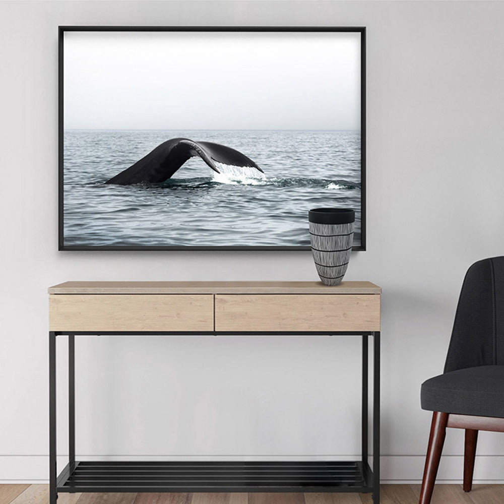 Humpback Whale Tail III Landscape - Art Print, Poster, Stretched Canvas or Framed Wall Art, shown framed in a home interior space