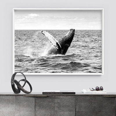 Humpback Whale Breach Landscape II - Art Print, Poster, Stretched Canvas or Framed Wall Art, shown framed in a room
