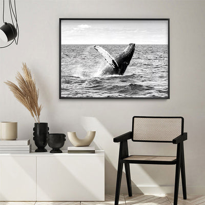 Humpback Whale Breach Landscape II - Art Print, Poster, Stretched Canvas or Framed Wall Art, shown framed in a home interior space