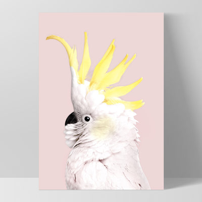 White Sulphur Crested Cockatoo on Blush - Art Print, Poster, Stretched Canvas, or Framed Wall Art Print, shown as a stretched canvas or poster without a frame
