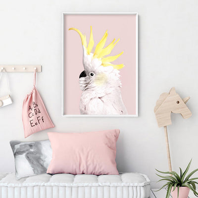 White Sulphur Crested Cockatoo on Blush - Art Print, Poster, Stretched Canvas or Framed Wall Art, shown framed in a room