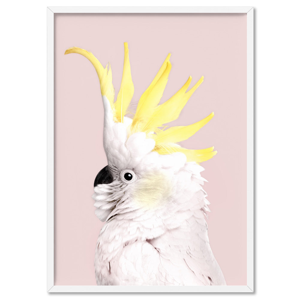 White Sulphur Crested Cockatoo on Blush - Art Print, Poster, Stretched Canvas, or Framed Wall Art Print, shown in a white frame