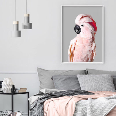 Salmon Crested Cockatoo II - Art Print, Poster, Stretched Canvas or Framed Wall Art, shown framed in a room