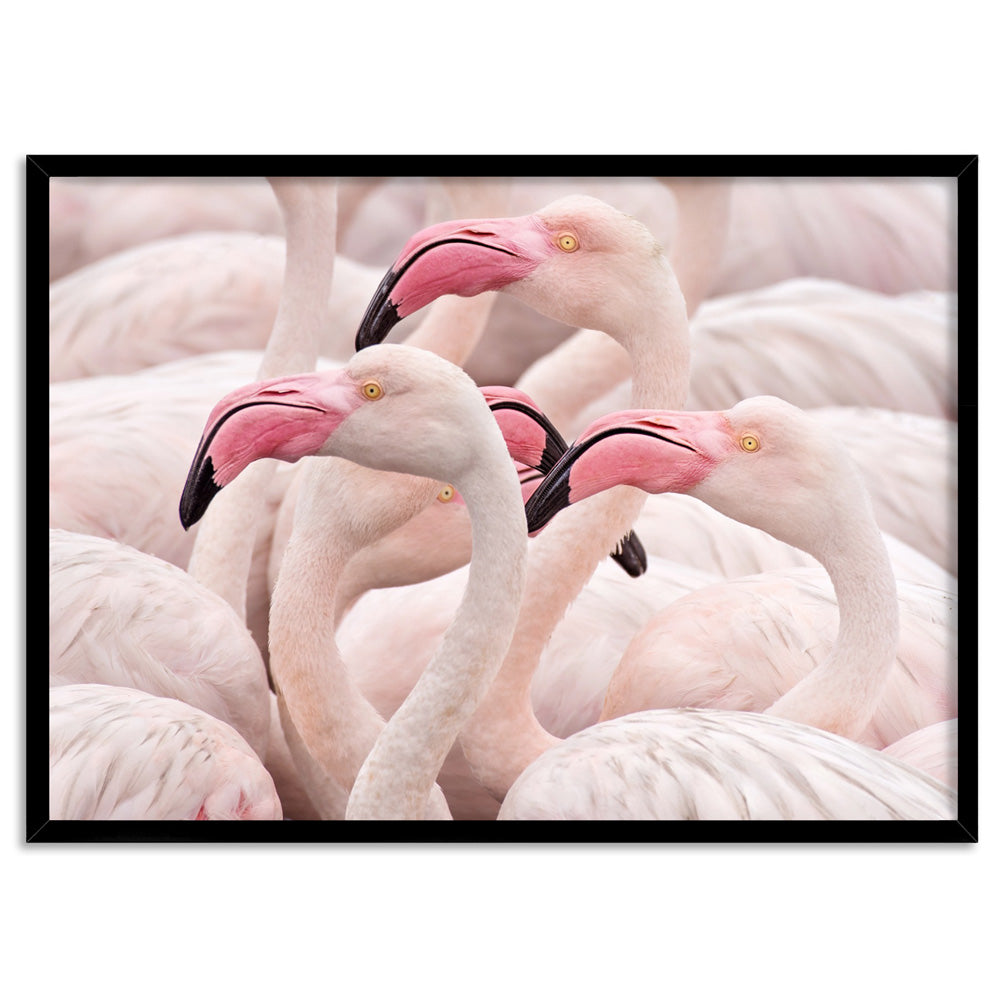 Pink Flamingos Flock Landscape - Art Print, Poster, Stretched Canvas, or Framed Wall Art Print, shown in a black frame