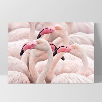 Pink Flamingos Flock Landscape - Art Print, Poster, Stretched Canvas, or Framed Wall Art Print, shown as a stretched canvas or poster without a frame