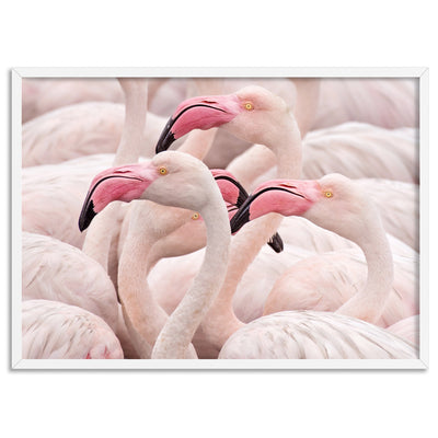 Pink Flamingos Flock Landscape - Art Print, Poster, Stretched Canvas, or Framed Wall Art Print, shown in a white frame
