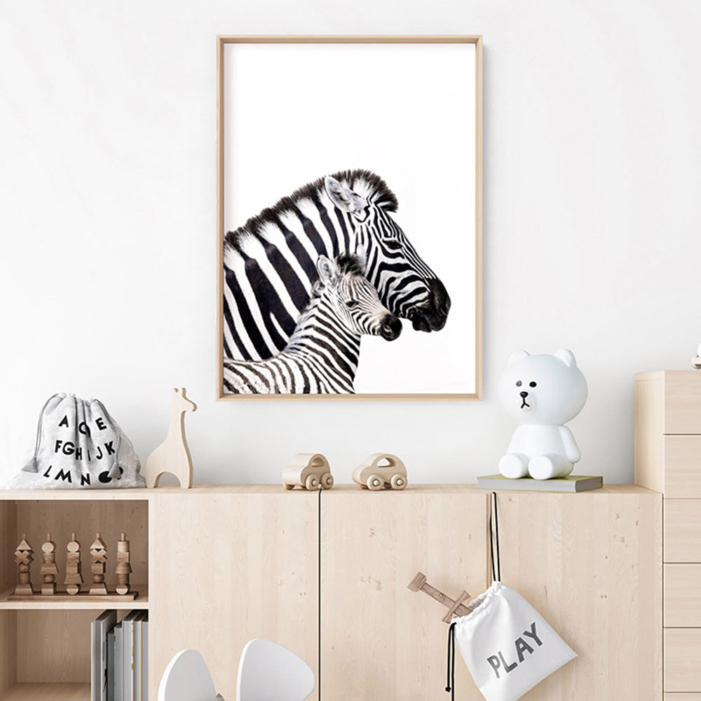 Zebra Mother and Baby - Art Print, Poster, Stretched Canvas or Framed Wall Art, shown framed in a room