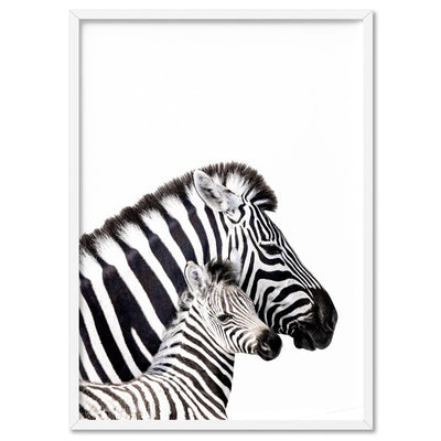 Zebra Mother and Baby - Art Print, Poster, Stretched Canvas, or Framed Wall Art Print, shown in a white frame
