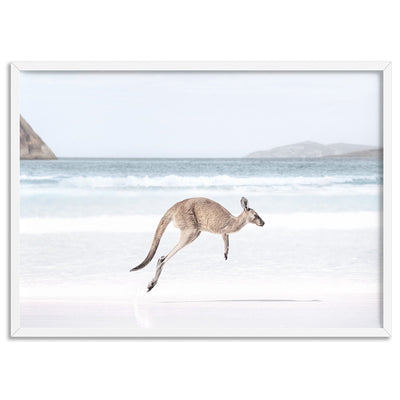 Coastal Beach Kangaroo I - Art Print, Poster, Stretched Canvas, or Framed Wall Art Print, shown in a white frame