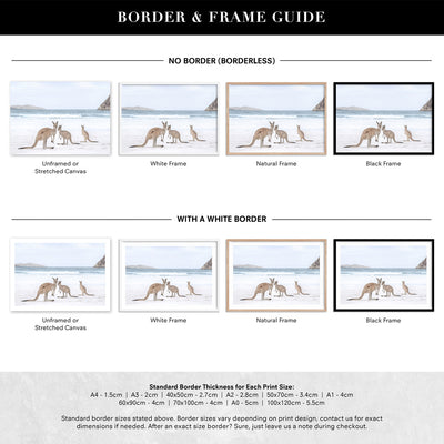Coastal Beach Kangaroos II - Art Print, Poster, Stretched Canvas or Framed Wall Art, Showing White , Black, Natural Frame Colours, No Frame (Unframed) or Stretched Canvas, and With or Without White Borders