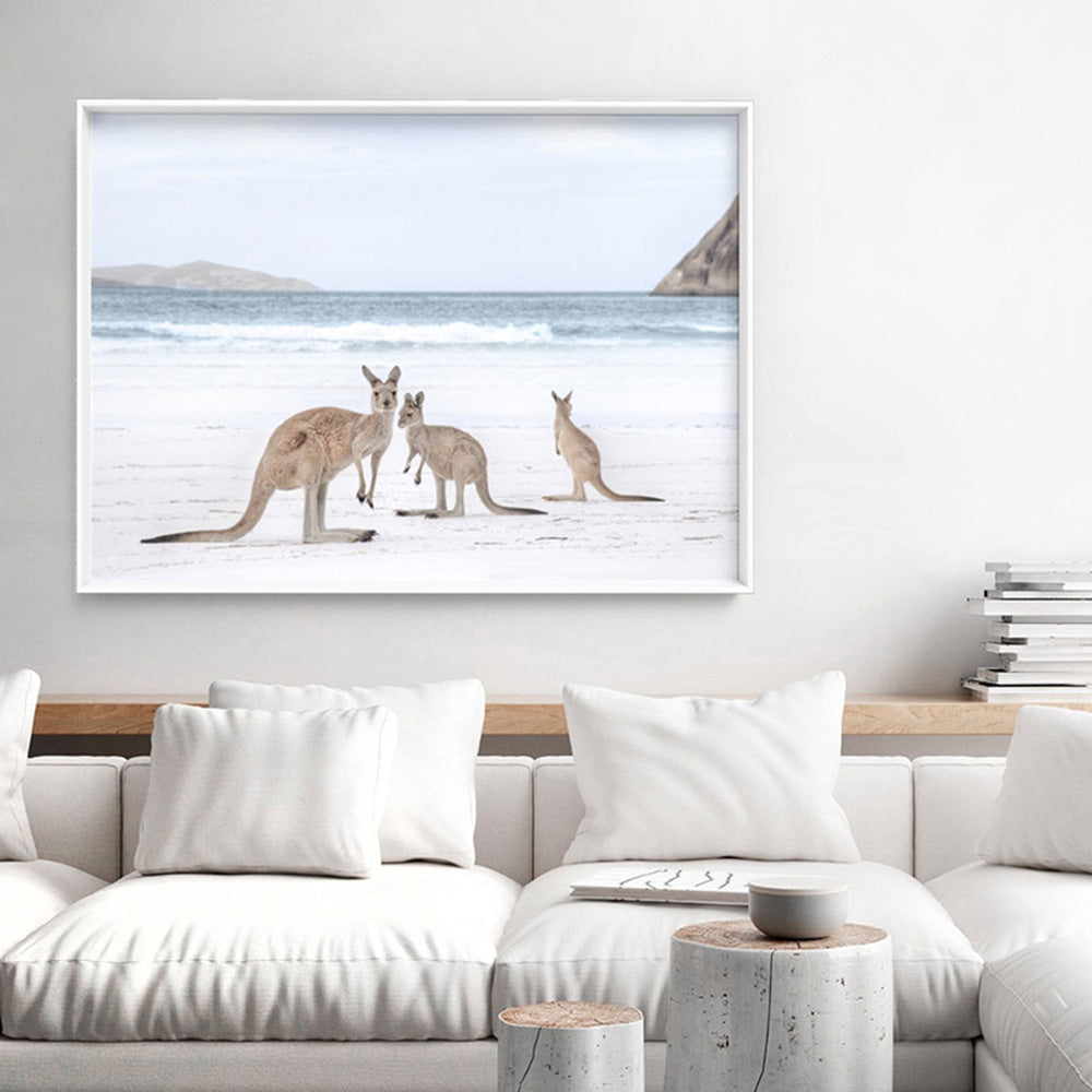 Coastal Beach Kangaroos II - Art Print, Poster, Stretched Canvas or Framed Wall Art Prints, shown framed in a room