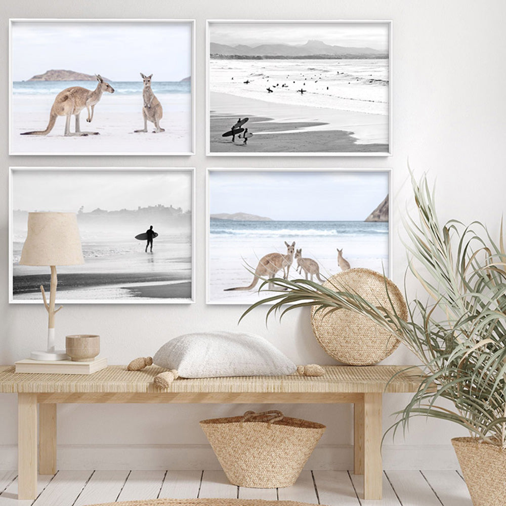 Coastal Beach Kangaroos II - Art Print, Poster, Stretched Canvas or Framed Wall Art, shown framed in a home interior space
