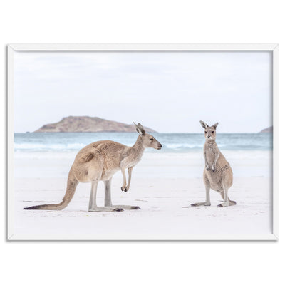 Coastal Beach Kangaroos III - Art Print, Poster, Stretched Canvas, or Framed Wall Art Print, shown in a white frame