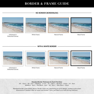 Cronulla Beach Horizon II - Art Print, Poster, Stretched Canvas or Framed Wall Art, Showing White , Black, Natural Frame Colours, No Frame (Unframed) or Stretched Canvas, and With or Without White Borders