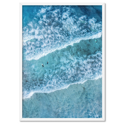 Aerial Ocean Waves & Tiny Surfers I - Art Print, Poster, Stretched Canvas, or Framed Wall Art Print, shown in a white frame