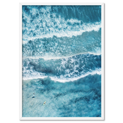 Aerial Ocean Waves & Tiny Surfers II - Art Print, Poster, Stretched Canvas, or Framed Wall Art Print, shown in a white frame
