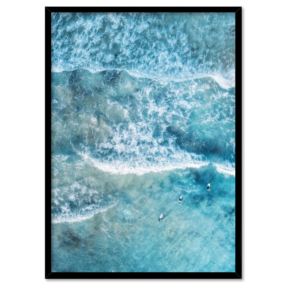 Aerial Ocean Waves & Tiny Surfers III - Art Print, Poster, Stretched Canvas, or Framed Wall Art Print, shown in a black frame